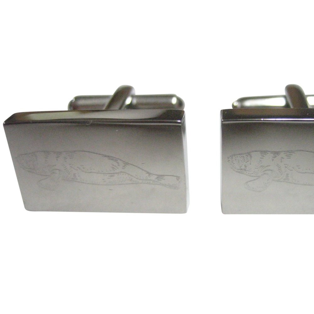 Silver Toned Rectangular Etched Manatee Cufflinks
